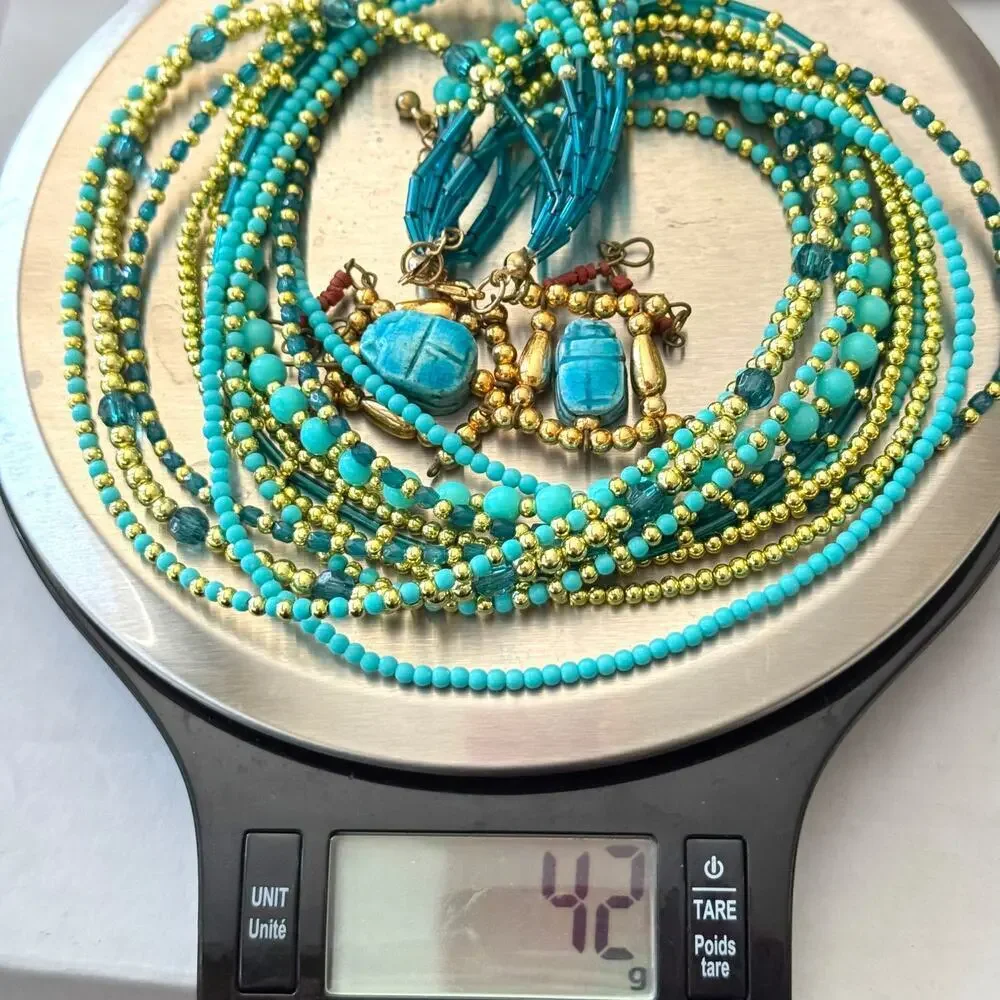 Vintage Multi-Strand Turquoise & Gold Tone Bead Necklace Hanging Scarab Earrings